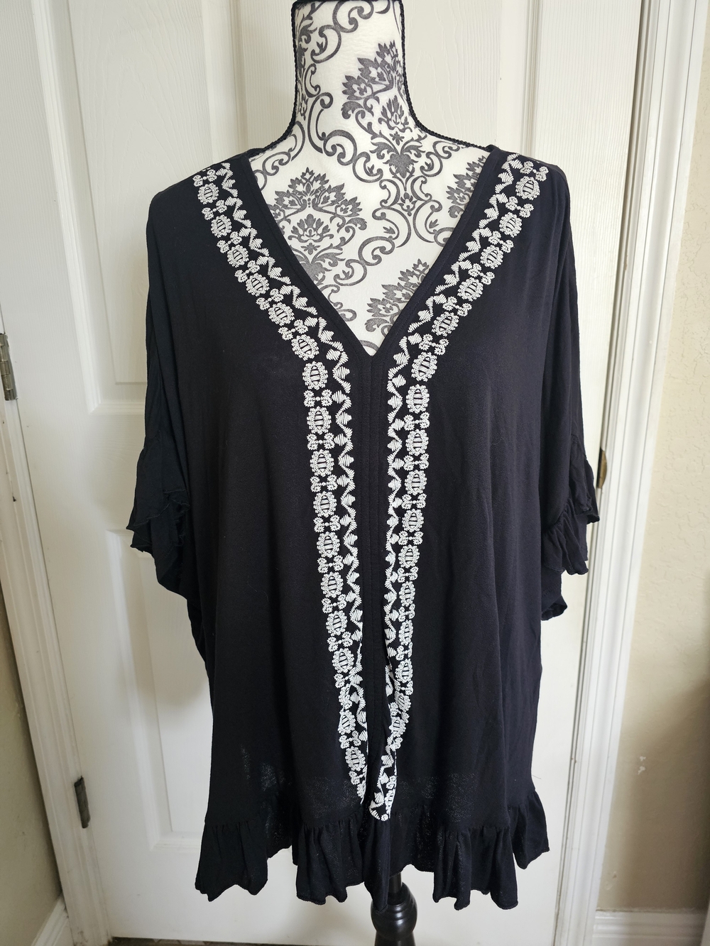 American Rag Black Tunic with White Embroidered V-Trim